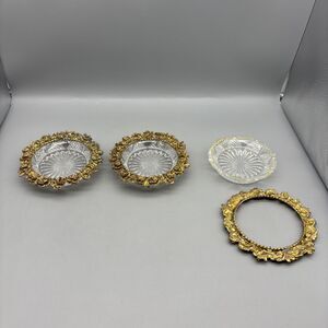 Glass Soap/Trinket Dish Set Of 3 Metal Gold Colored Roses Rimmed (1 Loose)